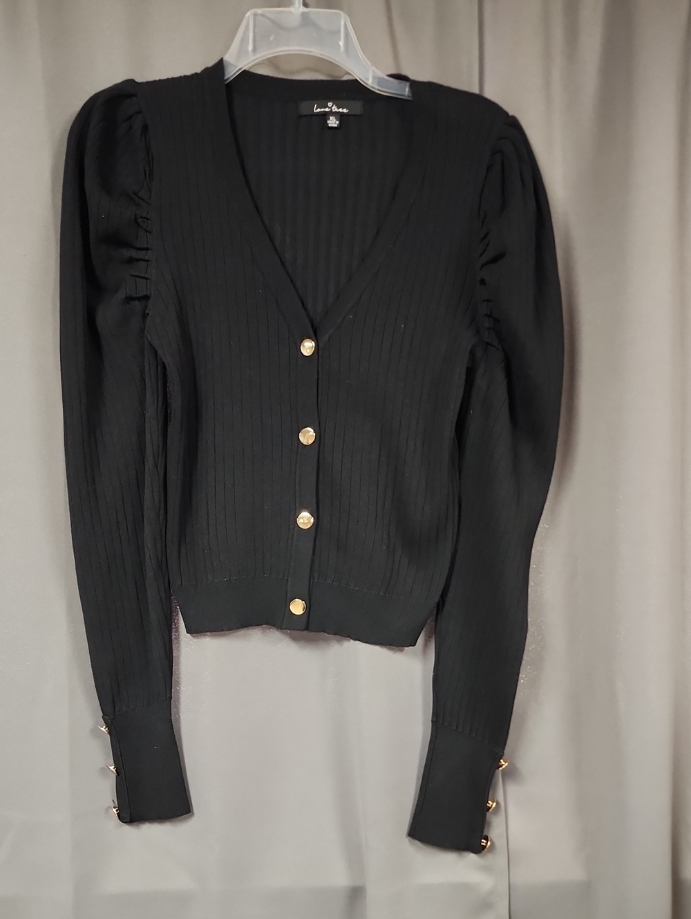 XL Love Tree Black Ribbed Puff-Sleeve Cardigan with Gold Buttons and Cuff Detail